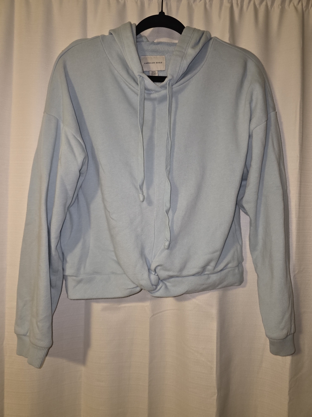 American Eagle Outfitters Pastel Blue Knotted Cropped Hoodie